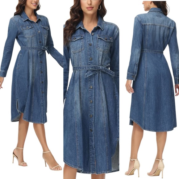 Frye Denim Midi Button Dress S NWT Shirtdress Belted Long Sleeve. - Picture 1 of 16